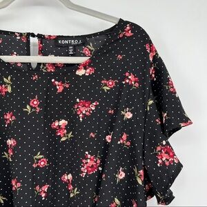 Kontrol Polka Dot Floral Ruffle Tie Front Flutter Sleeves Roundneck Keyhole Top